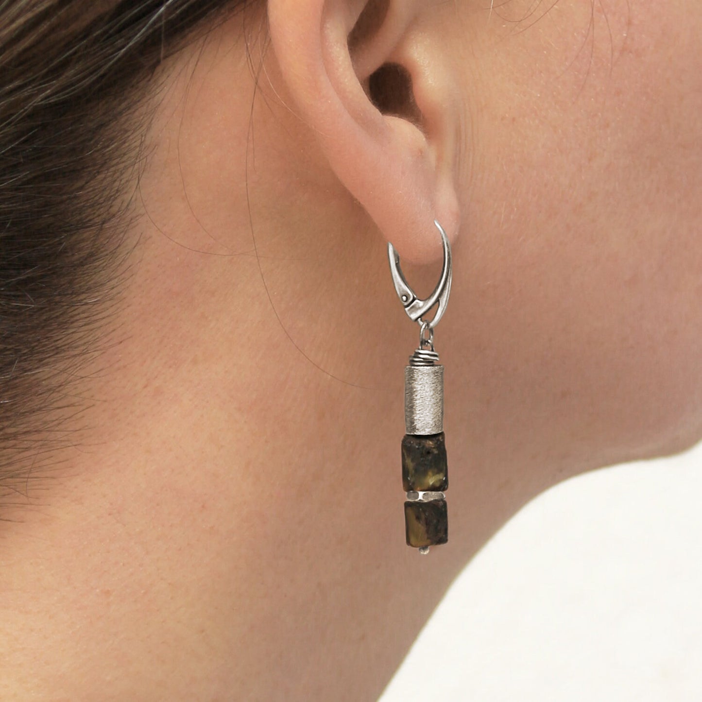 Dark Amber, Sterling Silver & Brushed Tube Dangle Earrings