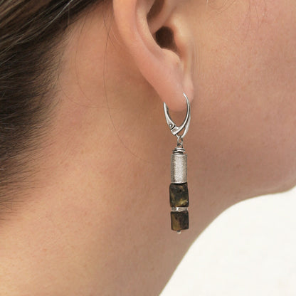 Dark Amber, Sterling Silver & Brushed Tube Dangle Earrings