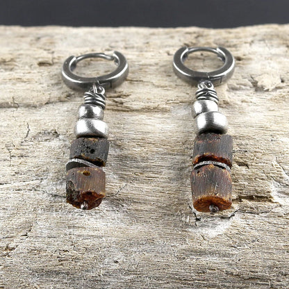 Brown Amber & Oxidised Sterling Silver Dangle Earrings