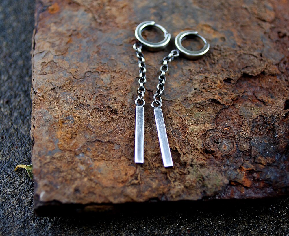 Oxidised Sterling Silver Chain & Bar Dangle Earrings