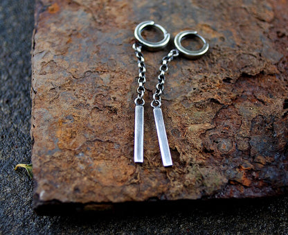 Oxidised Sterling Silver Chain & Bar Dangle Earrings