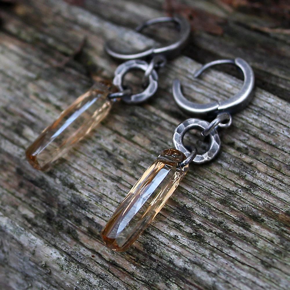 Swarovski Crystal Column & Hammered Fine Silver Circle Dangle Earrings