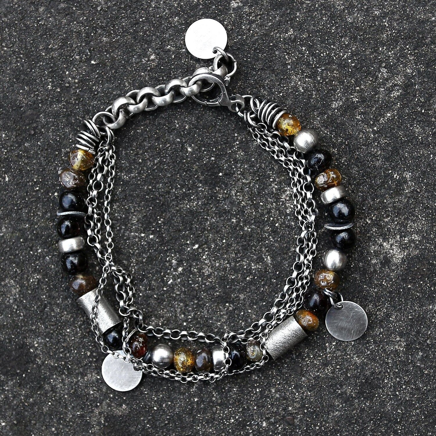 Dark Amber Multi Chain & Disc Sterling Silver Bracelet