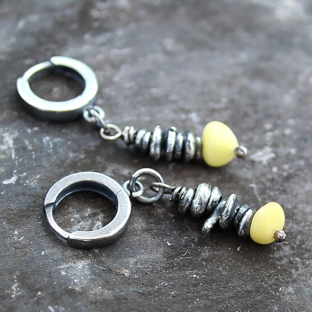 Yellow Natural Amber & Oxidised Fine Silver Dangle Earrings