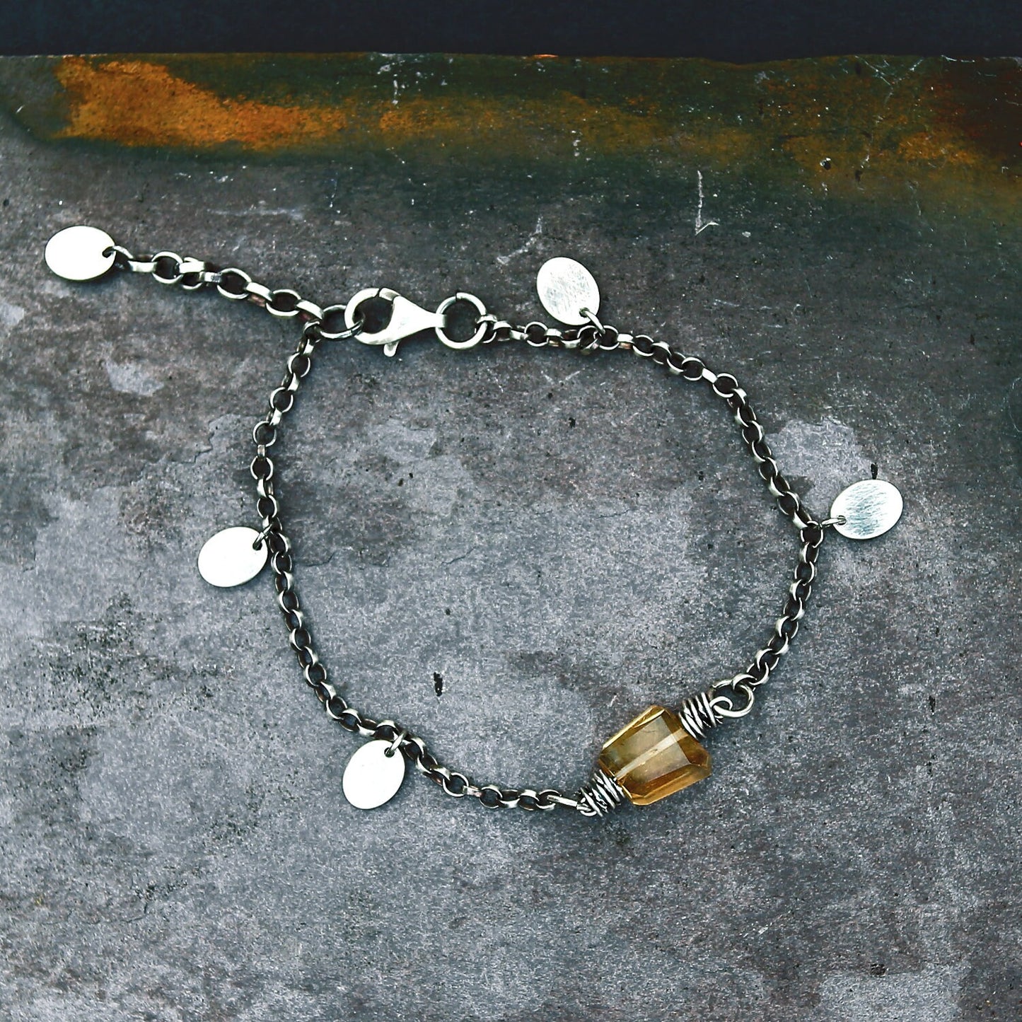 Women's Yellow Citrine Sterling Silver Chain & Oval Discs Bracelet