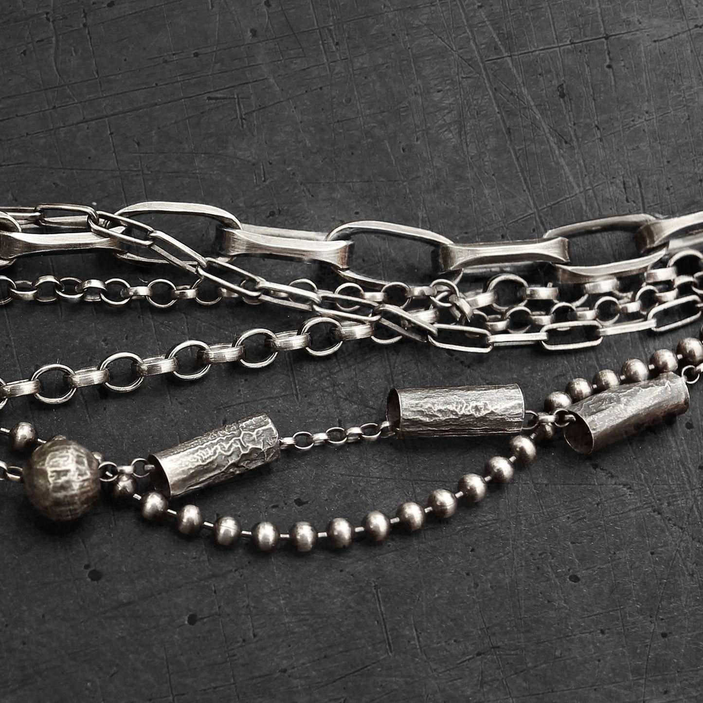 Oxidised Sterling Silver Layered Multi Chain Bracelet