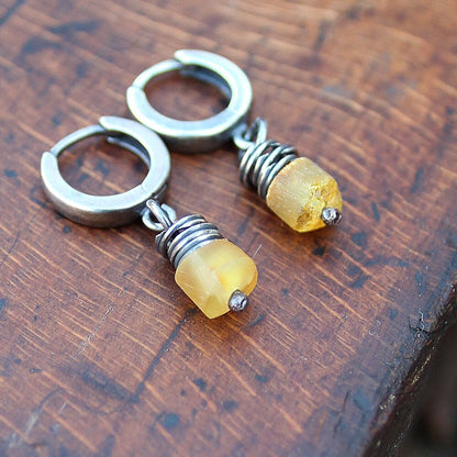 Yellow Baltic Amber & 925 Silver Hoop Earrings