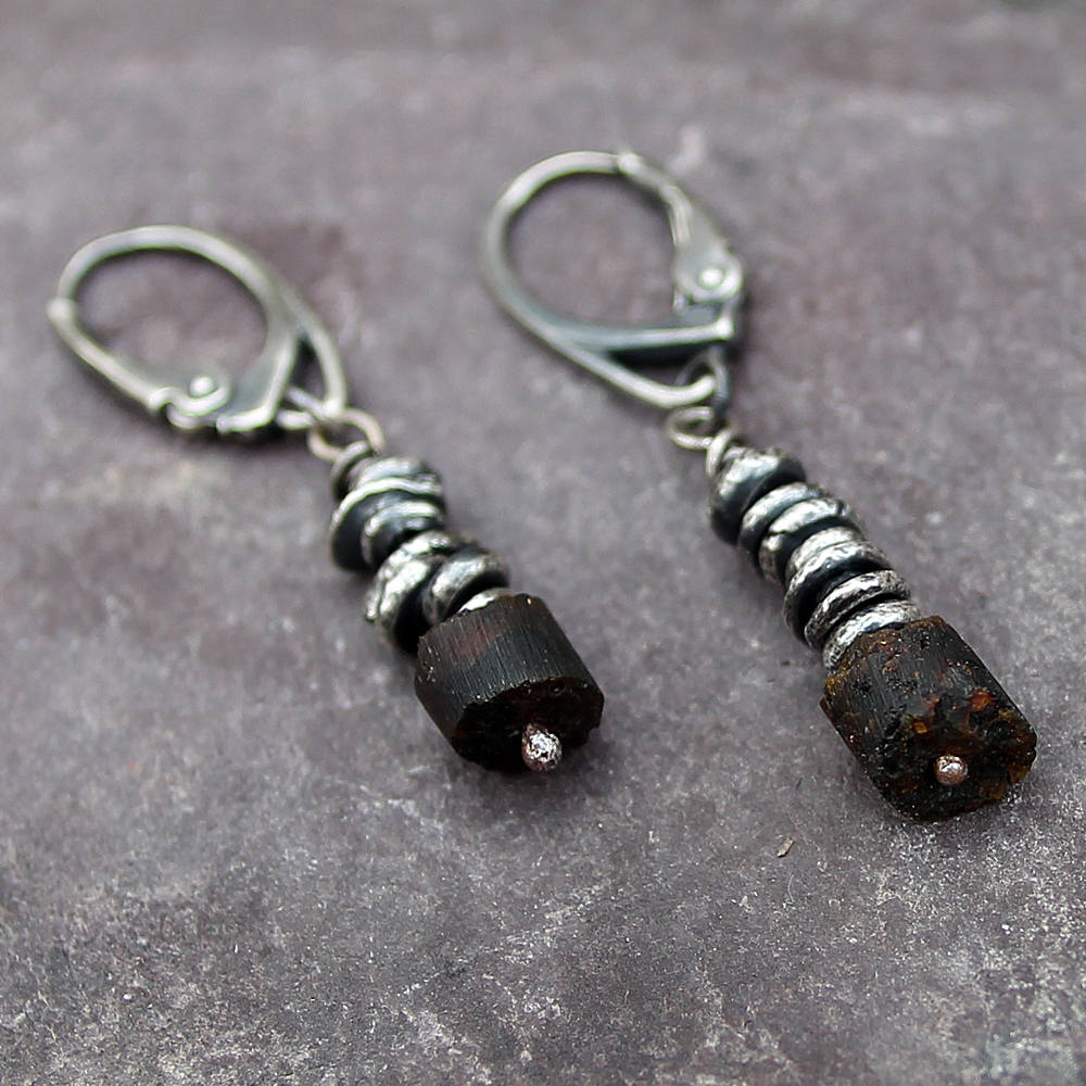 Brown Raw Baltic Amber & Oxidised Fine Silver Dangle Earrings