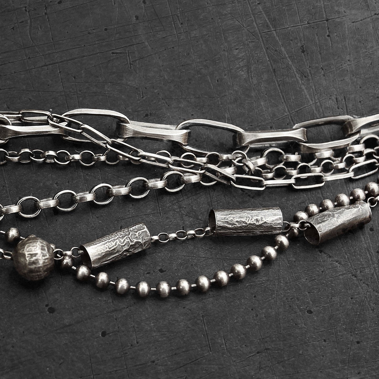 Oxidised Sterling Silver Layered Multi Chain Bracelet