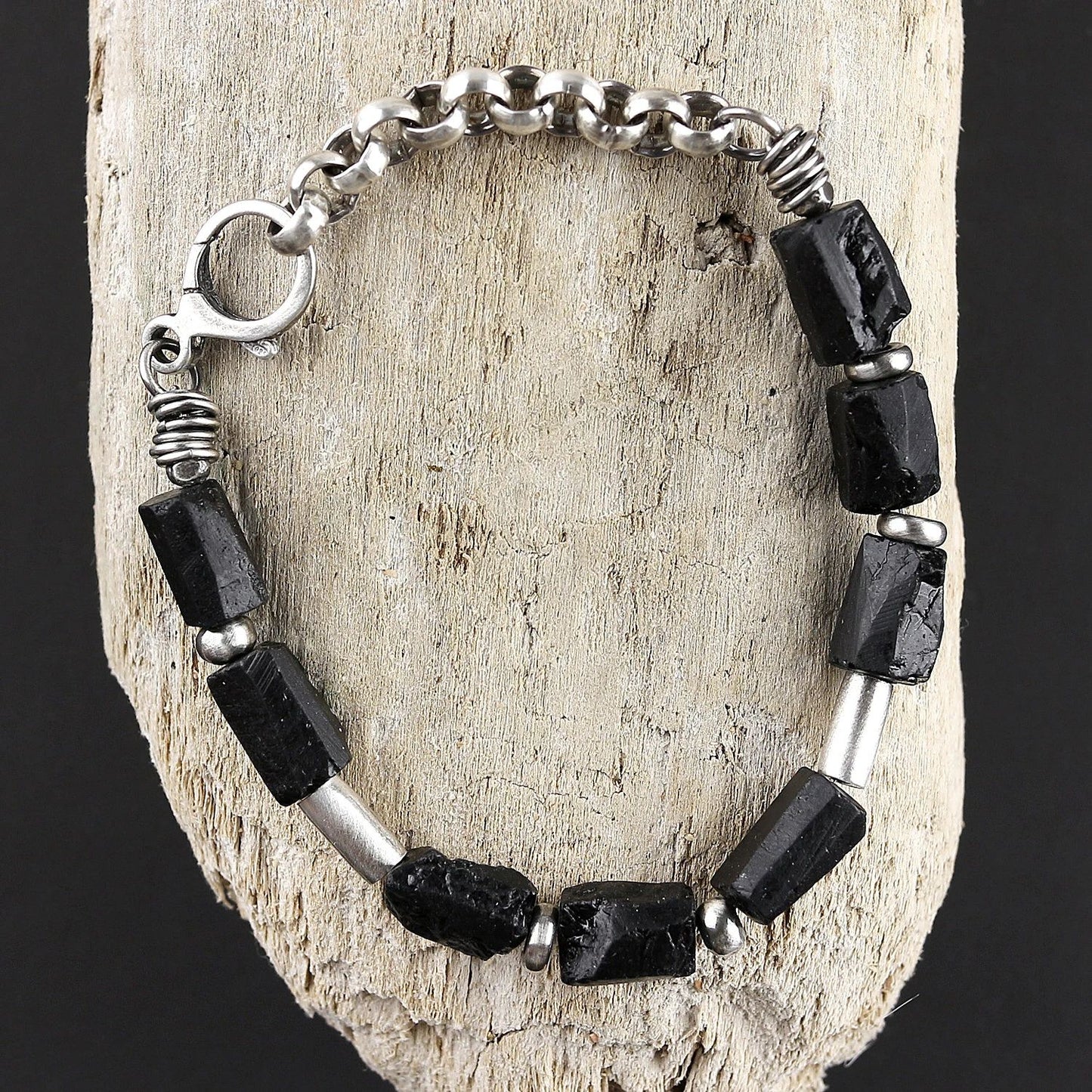 Black Raw Tourmaline & Oxidised 925 Silver Bracelet