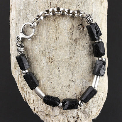 Black Raw Tourmaline & Oxidised 925 Silver Bracelet