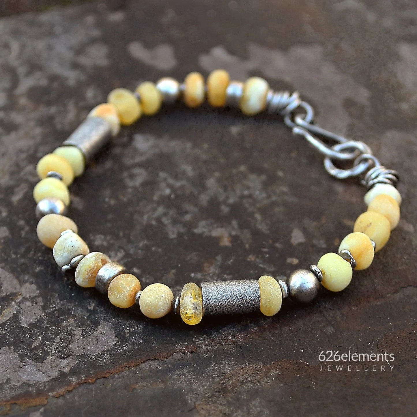 Sunny Yellow Amber Oxidised 925 & 999 Silver Bracelet