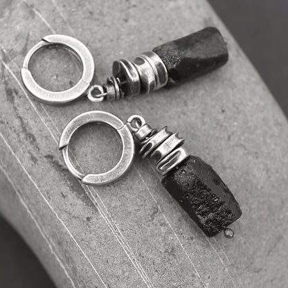 Black Raw Tourmaline & 925 Silver Dangle Earrings