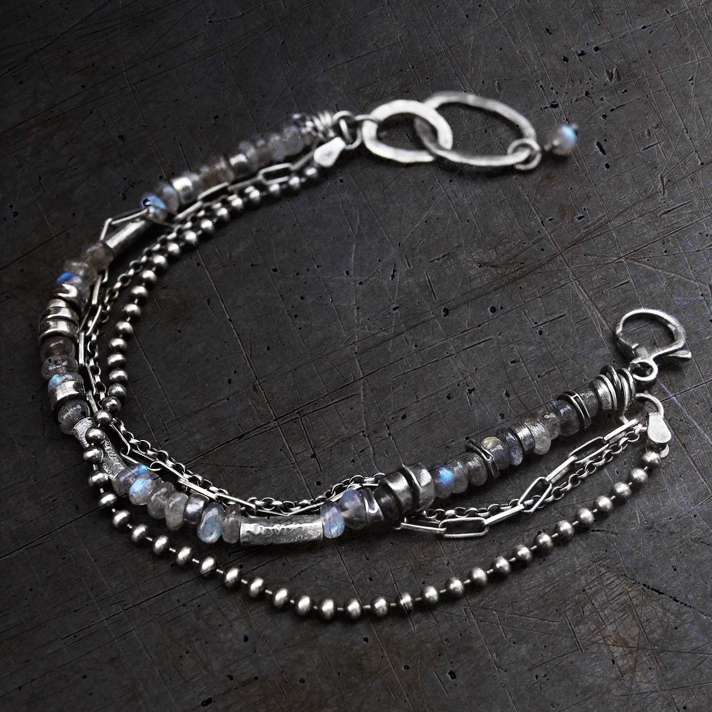 Labradorite Sterling Silver Multi Chain & Hammered Circles Bracelet