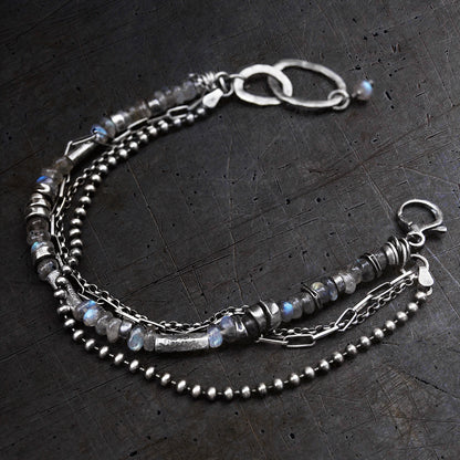 Labradorite Sterling Silver Multi Chain & Hammered Circles Bracelet