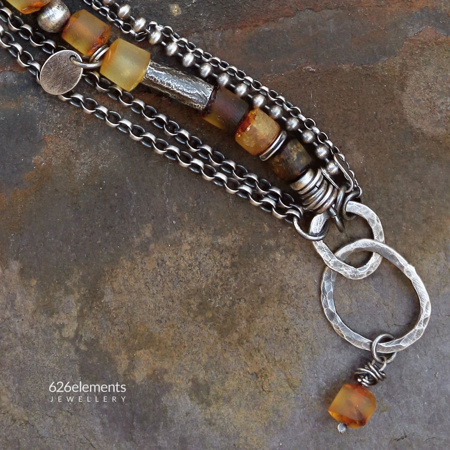 Bright Amber Multi Chain & Hammered Circles 925 Silver Bracelet