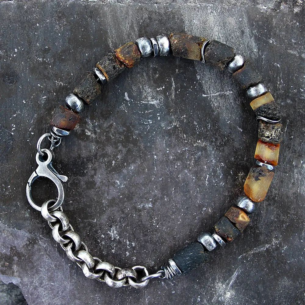 Men's Raw Amber & Oxidised Sterling Silver Bracelet