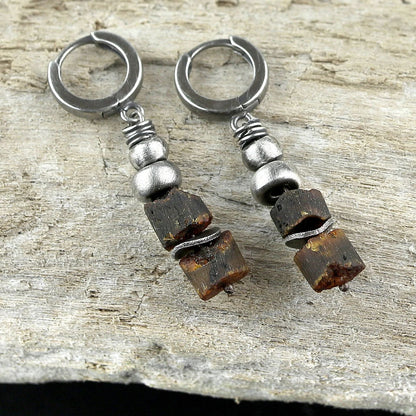 Brown Amber & Oxidised Sterling Silver Dangle Earrings