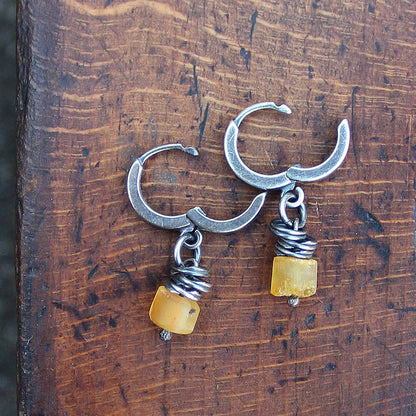 Yellow Baltic Amber & 925 Silver Hoop Earrings