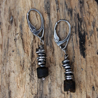 Brown Raw Baltic Amber & Oxidised Fine Silver Dangle Earrings