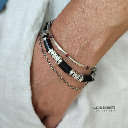 Black Tourmaline, Red Garnet & 925 Silver Multi-Layered Bracelet