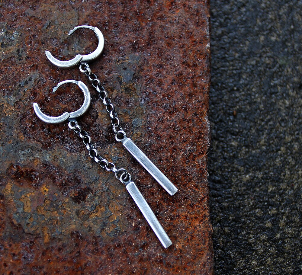 Oxidised Sterling Silver Chain & Bar Dangle Earrings