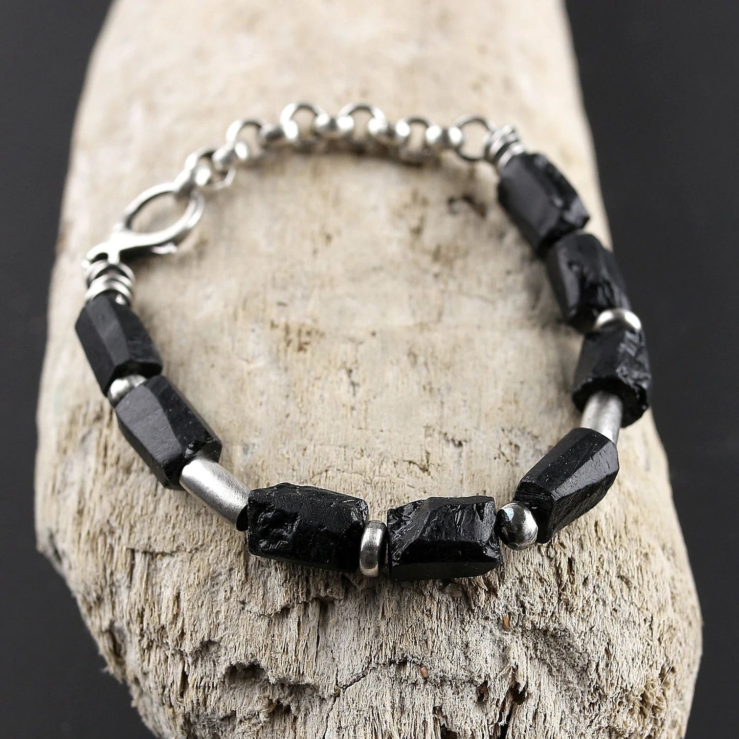 Black Raw Tourmaline & Oxidised 925 Silver Bracelet