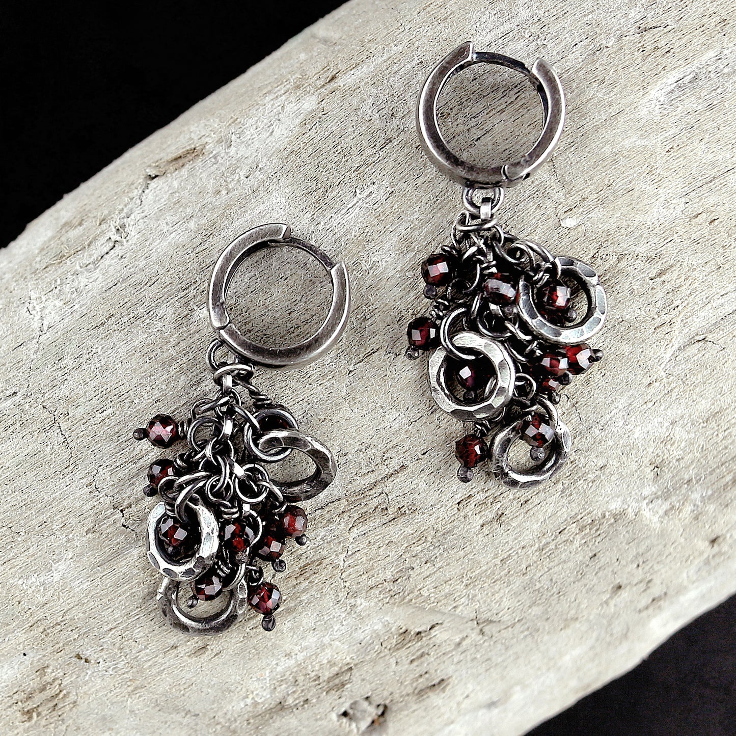 Red Garnet & Blackened Fine Silver Circles Dangle Earrings