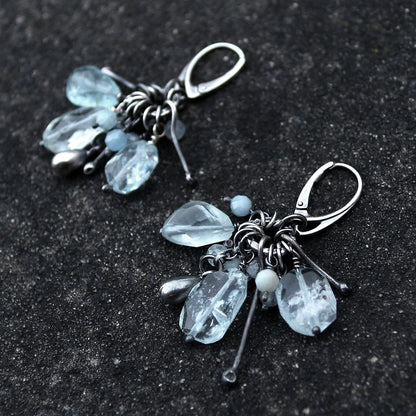 Pale Blue Aquamaine & Oxidised Sterling Silver Dangle Earrings