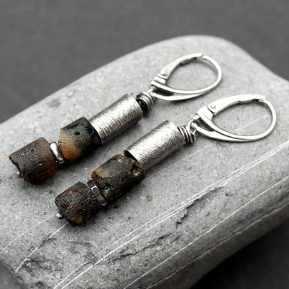 Dark Amber, Sterling Silver & Brushed Tube Dangle Earrings