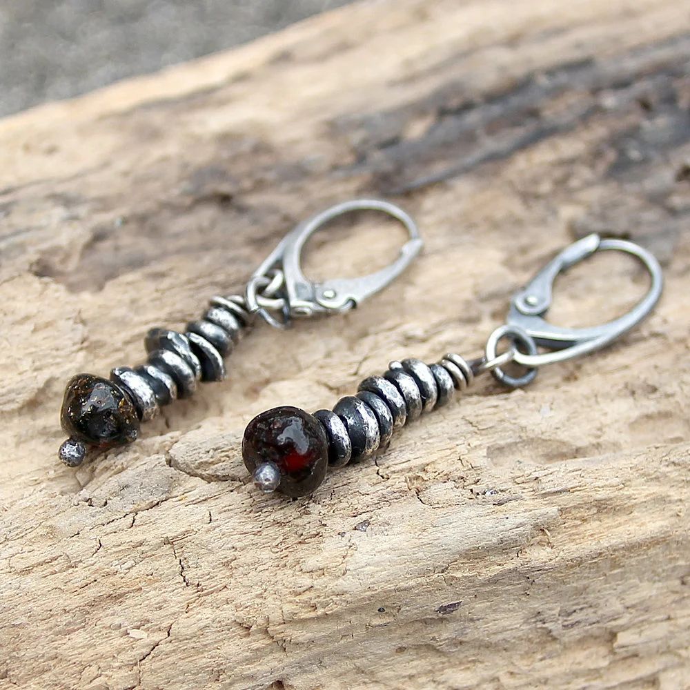 Cherry Baltic Amber & Blackened Fine Silver Dangle Earrings