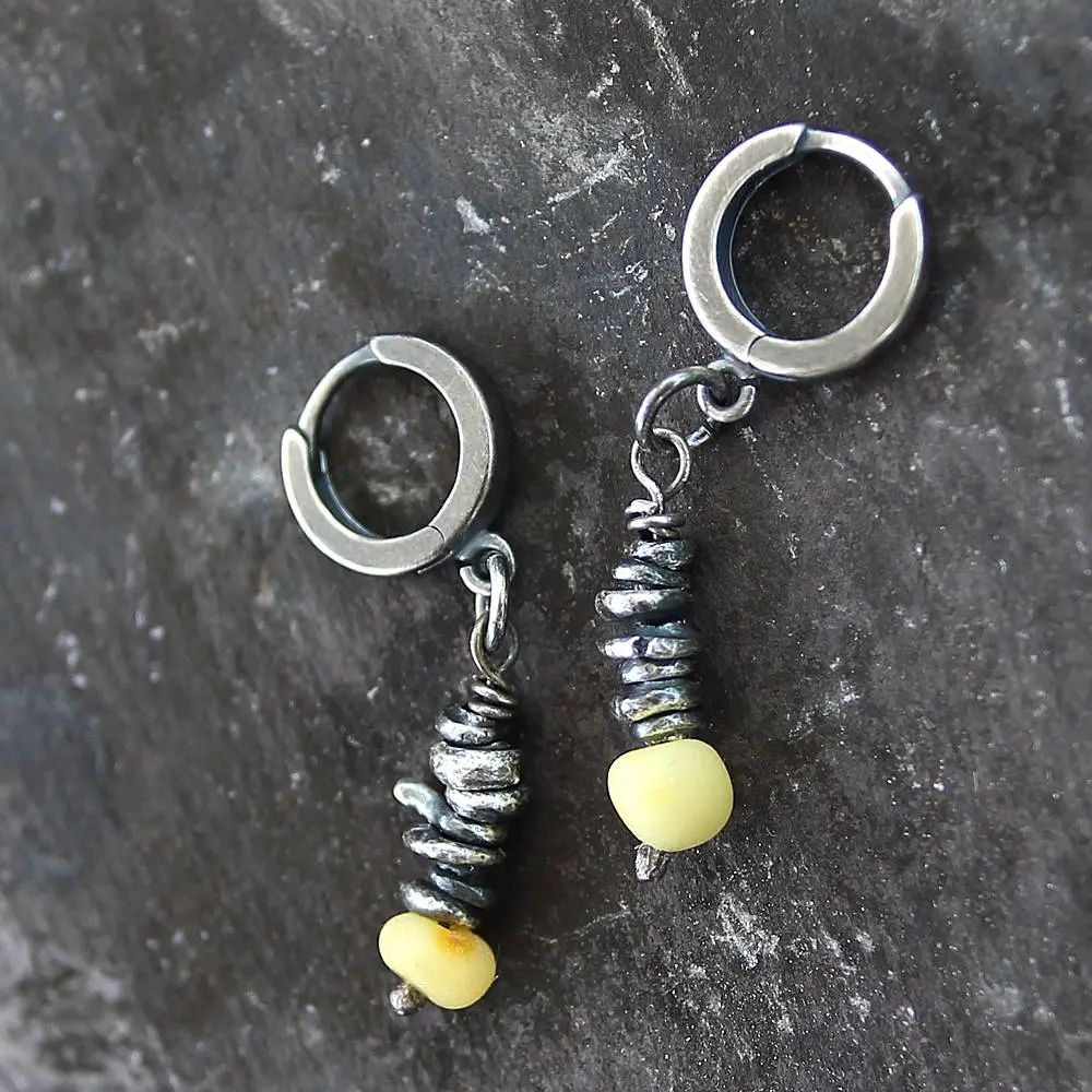 Yellow Natural Amber & Oxidised Fine Silver Dangle Earrings