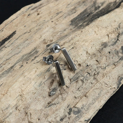 Minimalist Oxidised 925 Silver Short Bar Stud Earrings