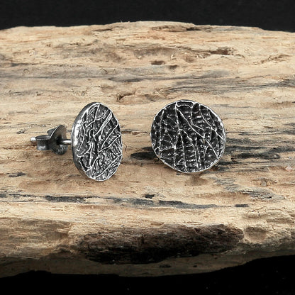 Textured Blackened Sterling Silver Round Stud Earrings