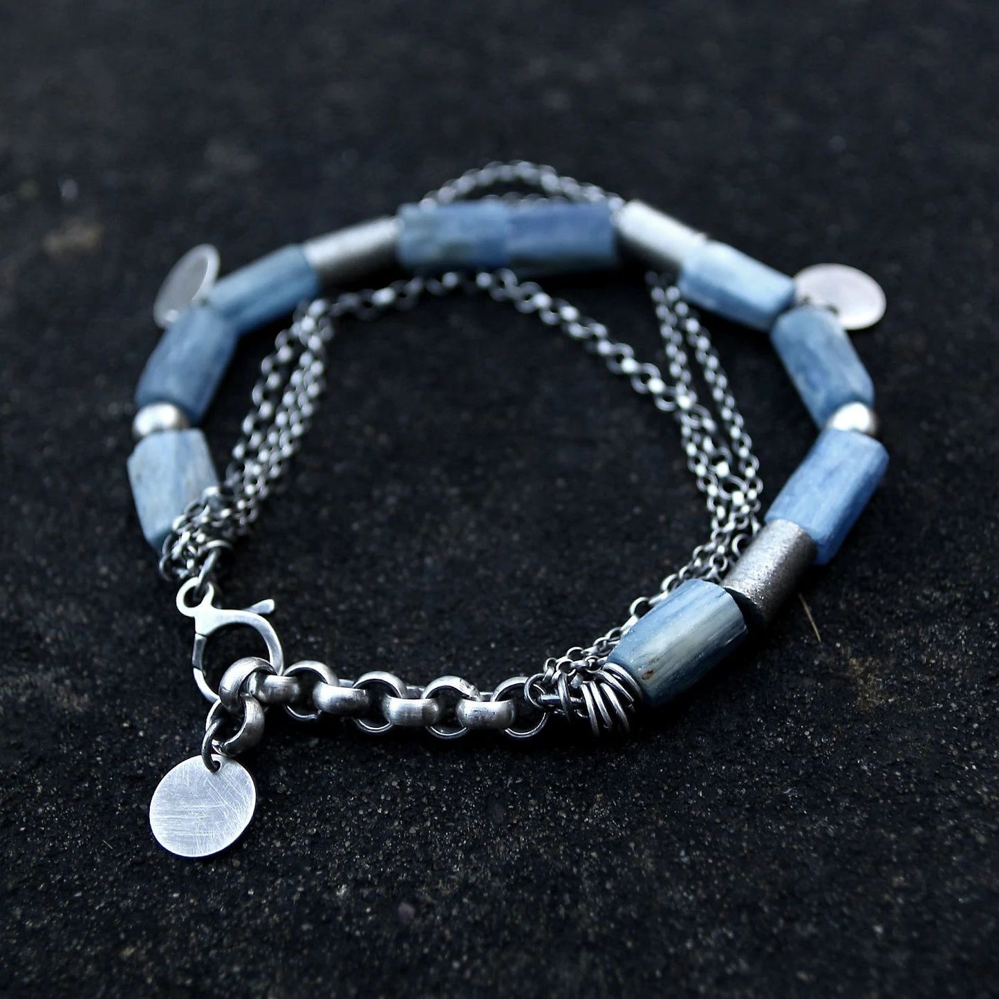 Blue Kyanite Multi Chain & Disc 925 Silver Bracelet