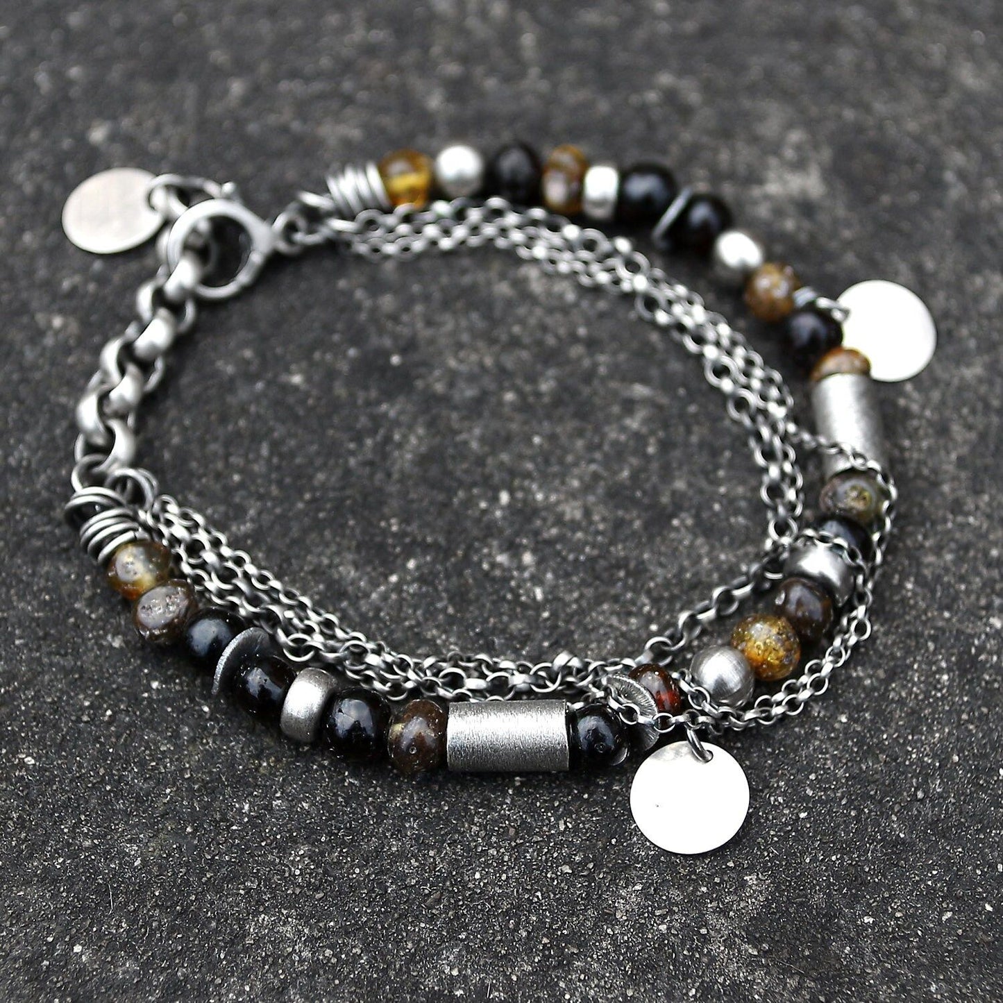 Dark Amber Multi Chain & Disc Sterling Silver Bracelet