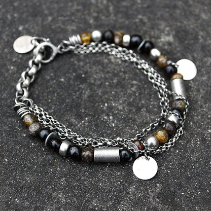 Dark Amber Multi Chain & Disc Sterling Silver Bracelet