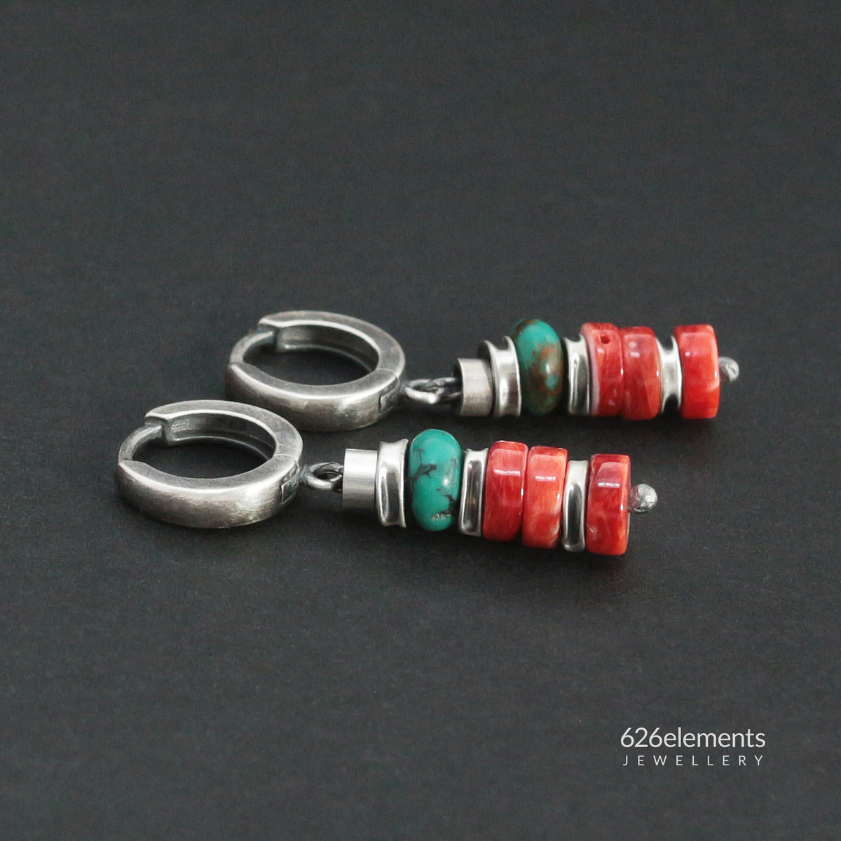 Red Spiny Oyster, Green Turquoise & Oxidised Sterling Silver Earrings