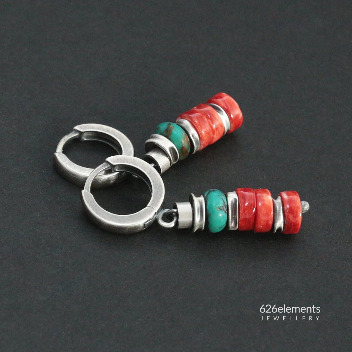 Red Spiny Oyster, Green Turquoise & Oxidised Sterling Silver Earrings