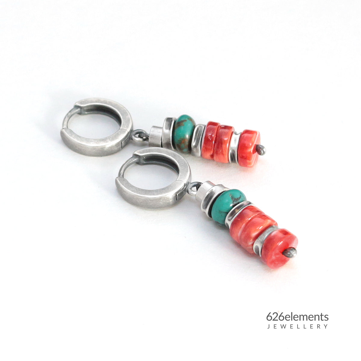 Red Spiny Oyster, Green Turquoise & Oxidised Sterling Silver Earrings