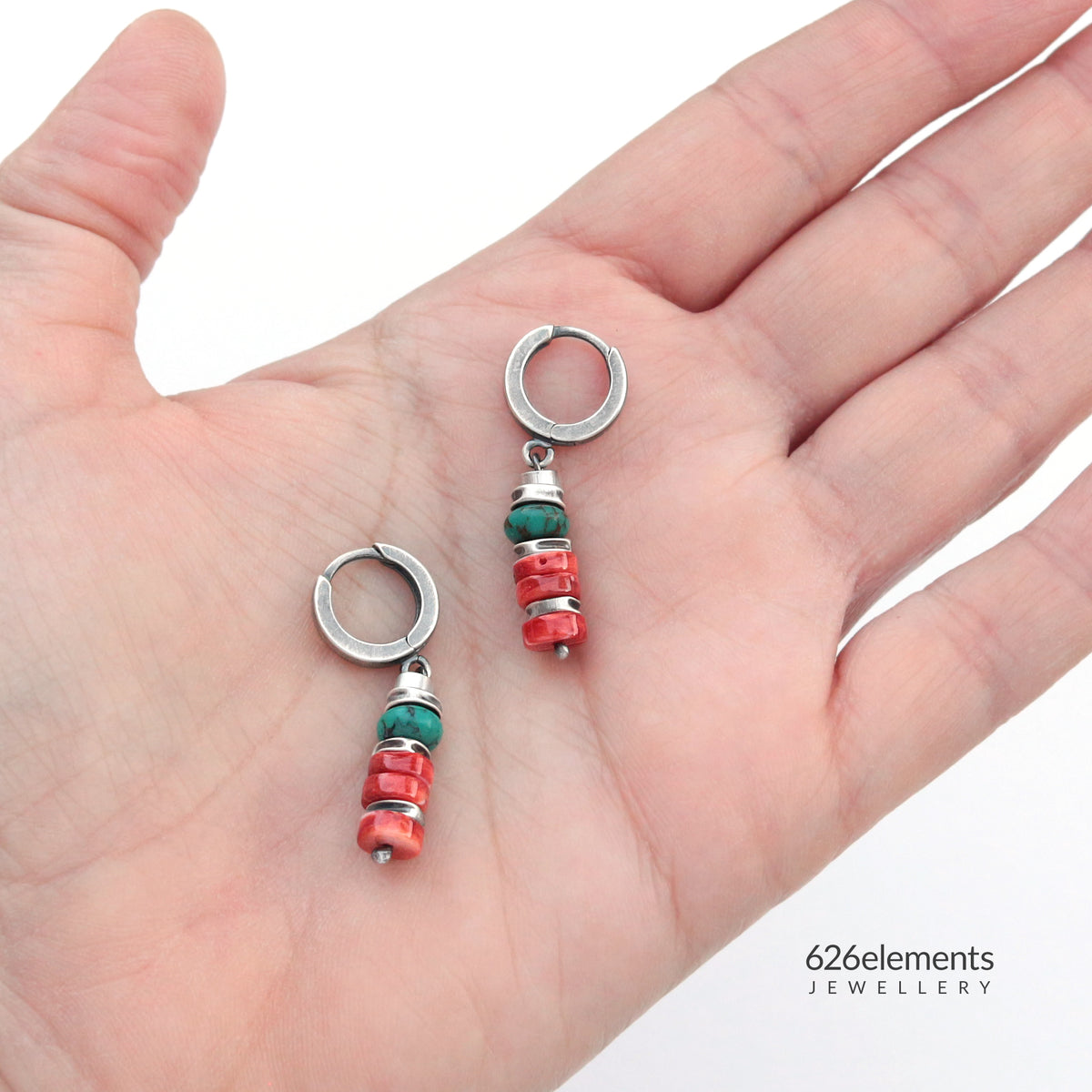 Red Spiny Oyster, Green Turquoise & Oxidised Sterling Silver Earrings
