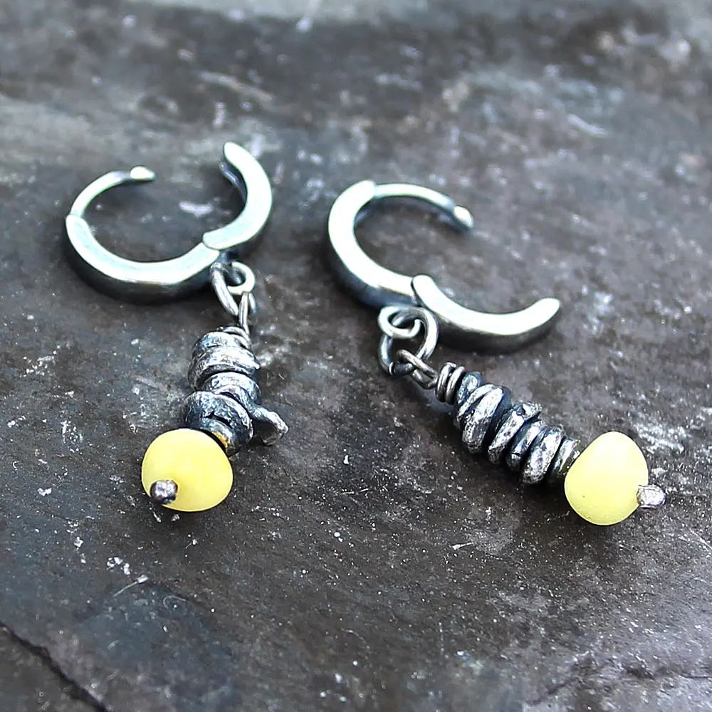 Yellow Natural Amber & Oxidised Fine Silver Dangle Earrings