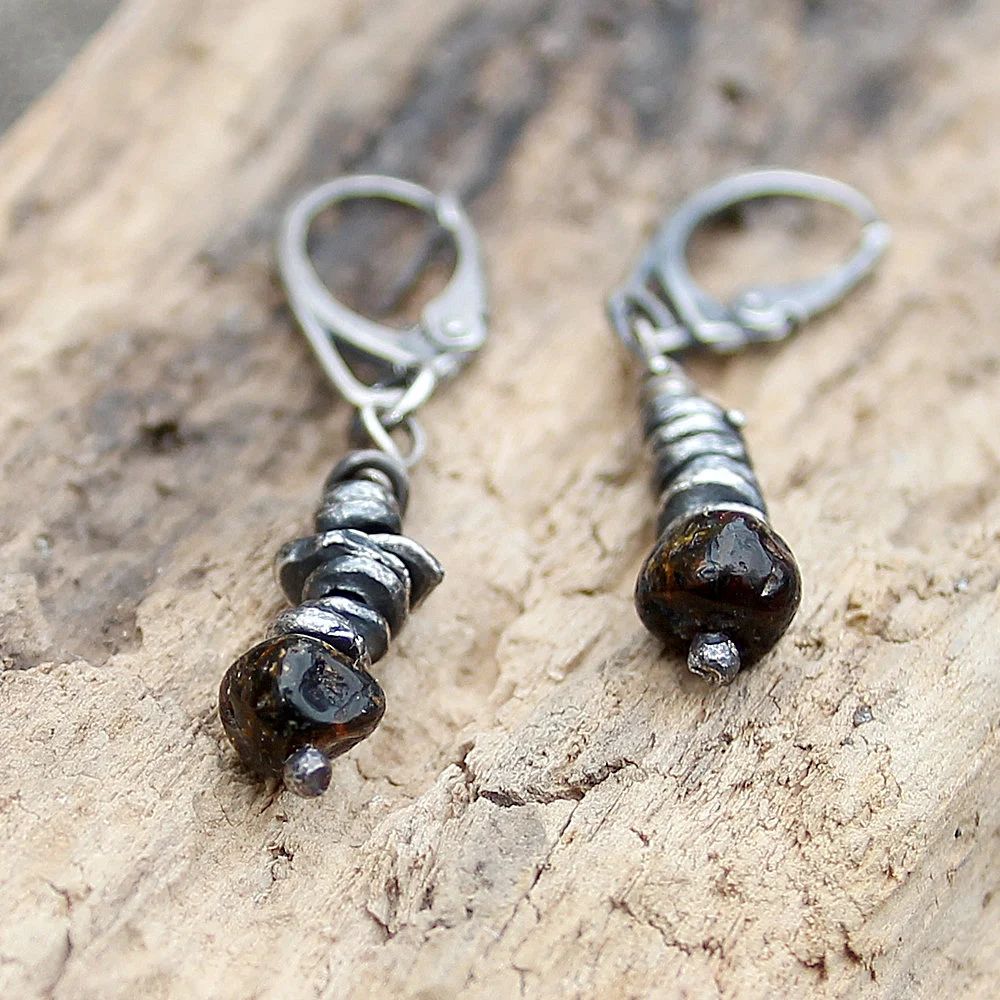 Cherry Baltic Amber & Blackened Fine Silver Dangle Earrings