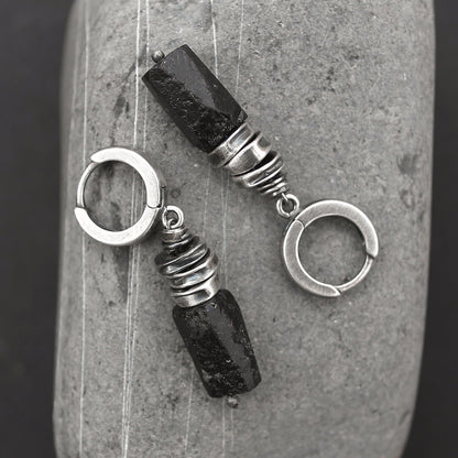 Black Raw Tourmaline & 925 Silver Dangle Earrings