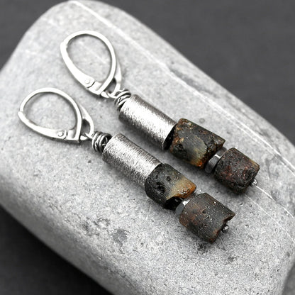 Dark Amber, Sterling Silver & Brushed Tube Dangle Earrings