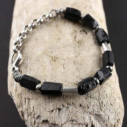 Black Raw Tourmaline & Oxidised 925 Silver Bracelet