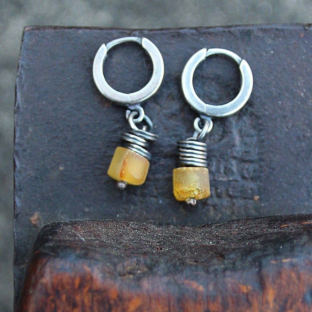 Yellow Baltic Amber & 925 Silver Hoop Earrings