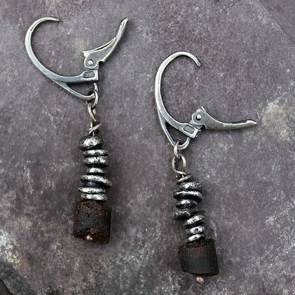 Brown Raw Baltic Amber & Oxidised Fine Silver Dangle Earrings