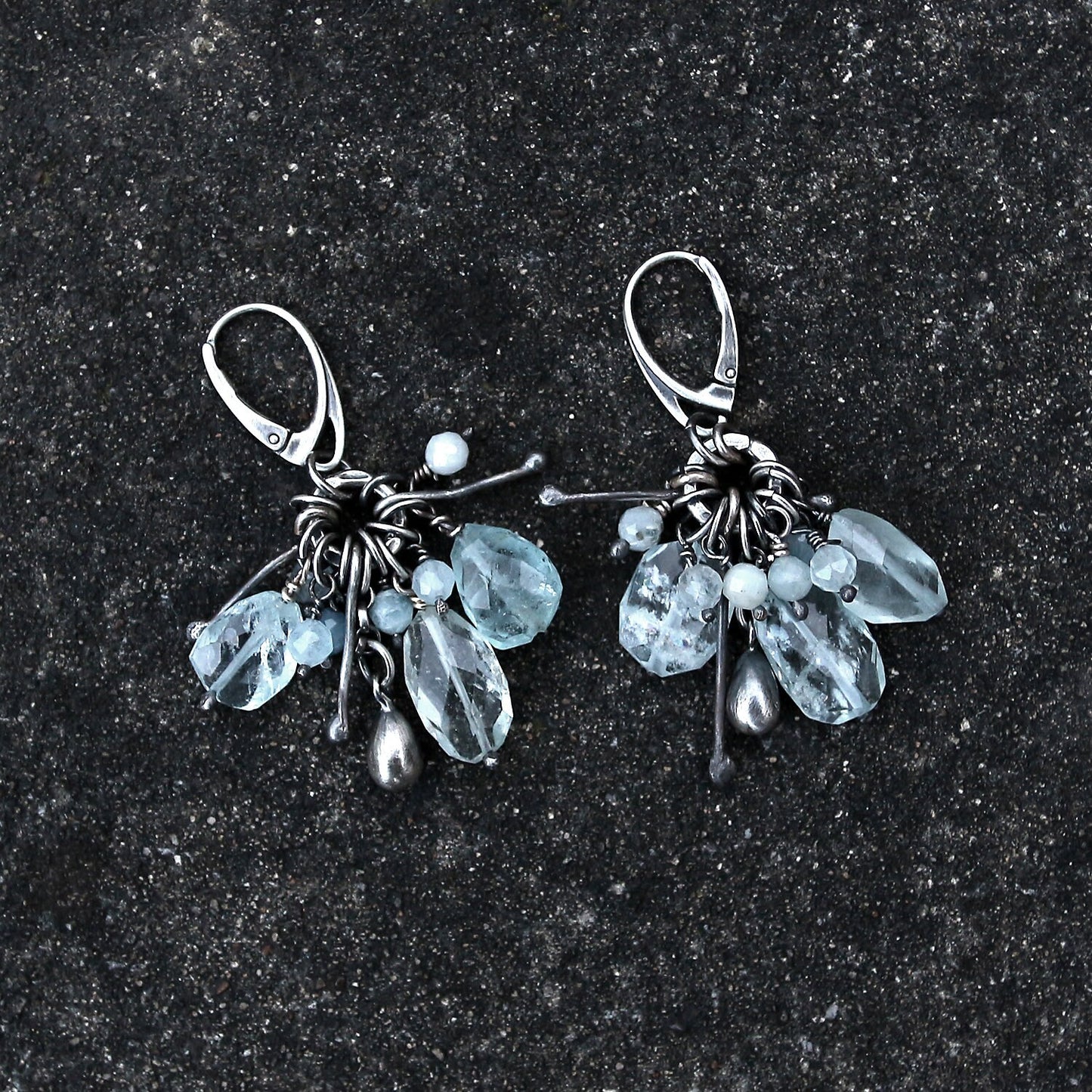 Pale Blue Aquamaine & Oxidised Sterling Silver Dangle Earrings