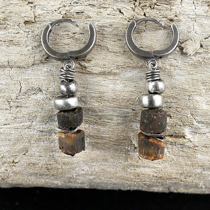 Brown Amber & Oxidised Sterling Silver Dangle Earrings